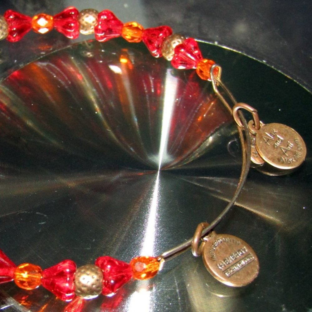 Vintage Alex & Ani Silver Red Orange Crystal Beads Charm Bracelet Expandable